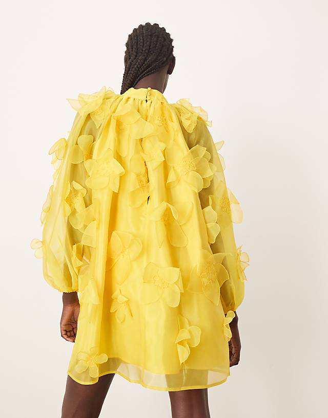 Asos ARRANGE Organza Applique Floral High Neck Trapeze Mini Dress In Yellow