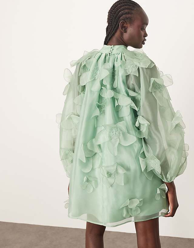 Asos ARRANGE Organza Applique Floral High Neck Trapeze Mini Dress In Light Green