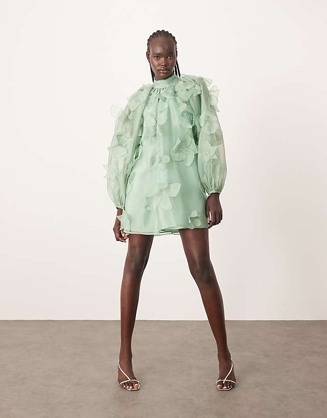 Asos ARRANGE Organza Applique Floral High Neck Trapeze Mini Dress In Light Green