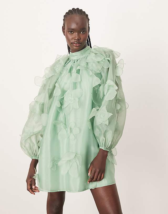 asos ARRANGE organza applique floral high neck trapeze mini dress in light green