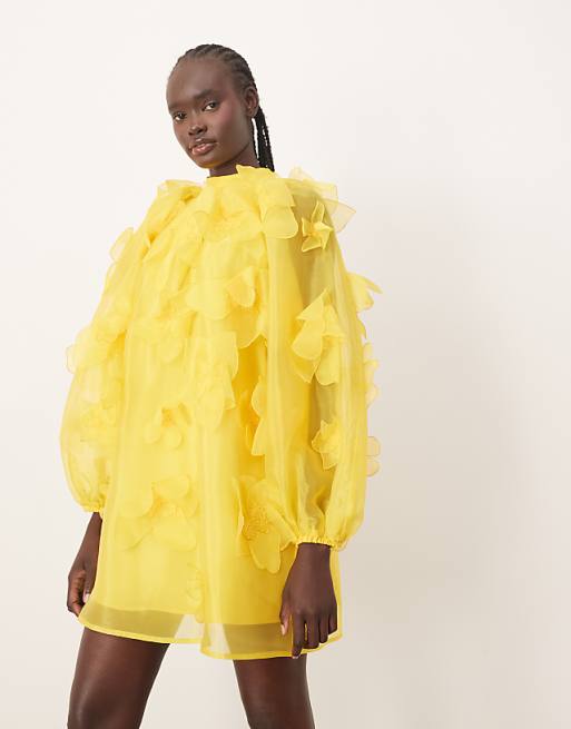 asos ARRANGE organza applique floral high neck trapeze mini dress in yellow