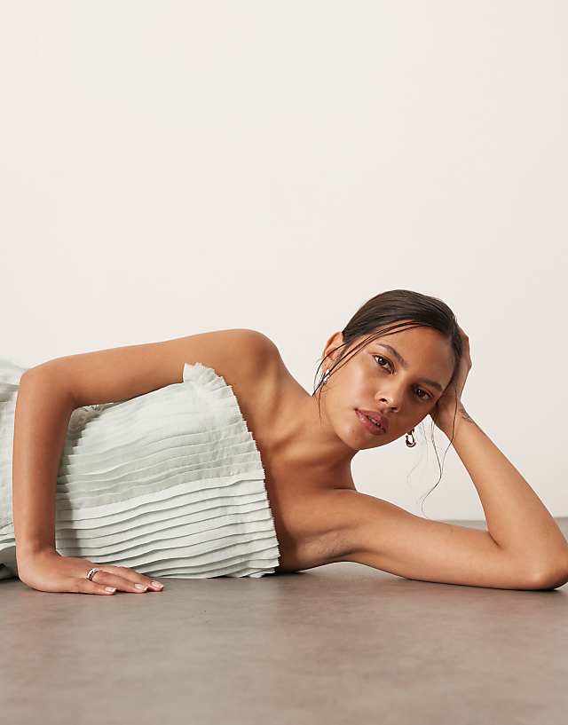 Asos ARRANGE Pintuck Organdy Dropped Waist Bandeau Midi Dress In Light Blue