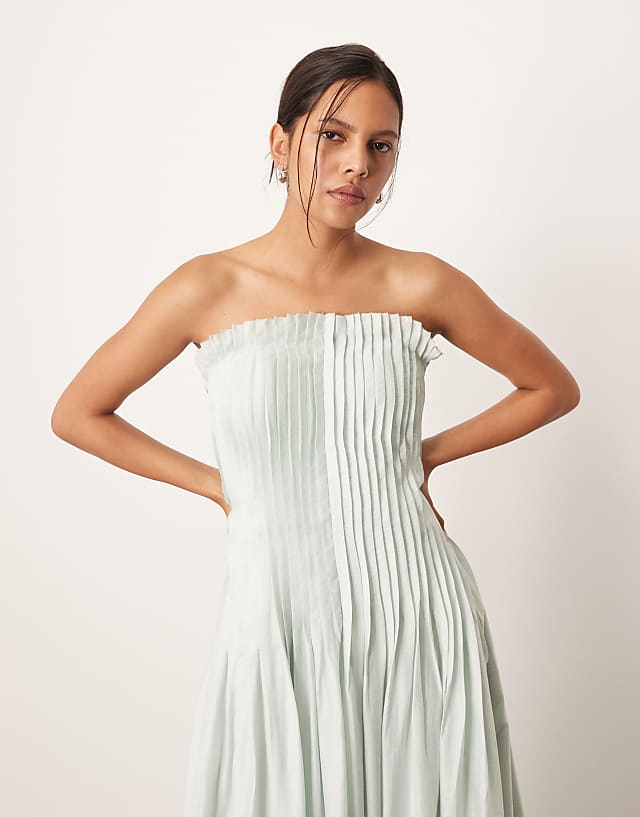 Asos ARRANGE Pintuck Organdy Dropped Waist Bandeau Midi Dress In Light Blue