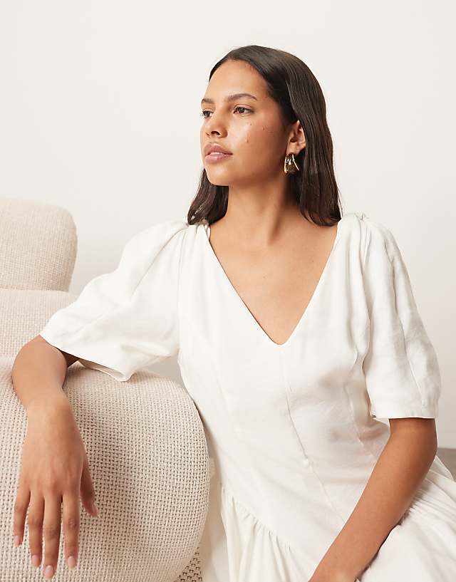 Asos ARRANGE Premium Linen Twist Shoulder Midi Dress In White