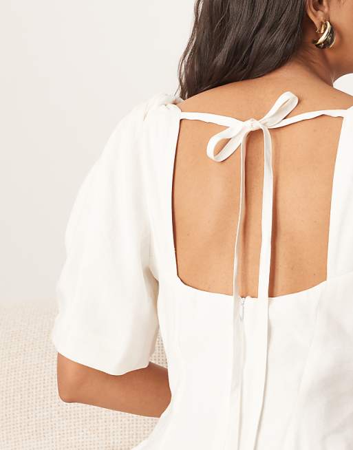 Asos ARRANGE Premium Linen Twist Shoulder Midi Dress In White