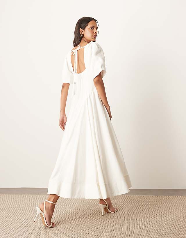 Asos ARRANGE Premium Linen Twist Shoulder Midi Dress In White
