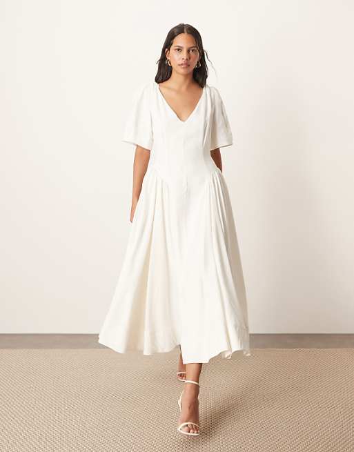 asos ARRANGE premium linen twist shoulder midi dress in white