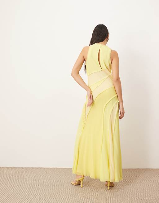 Asos ARRANGE Racer Neck Raw Edge Panelled Maxi Dress In Yellow