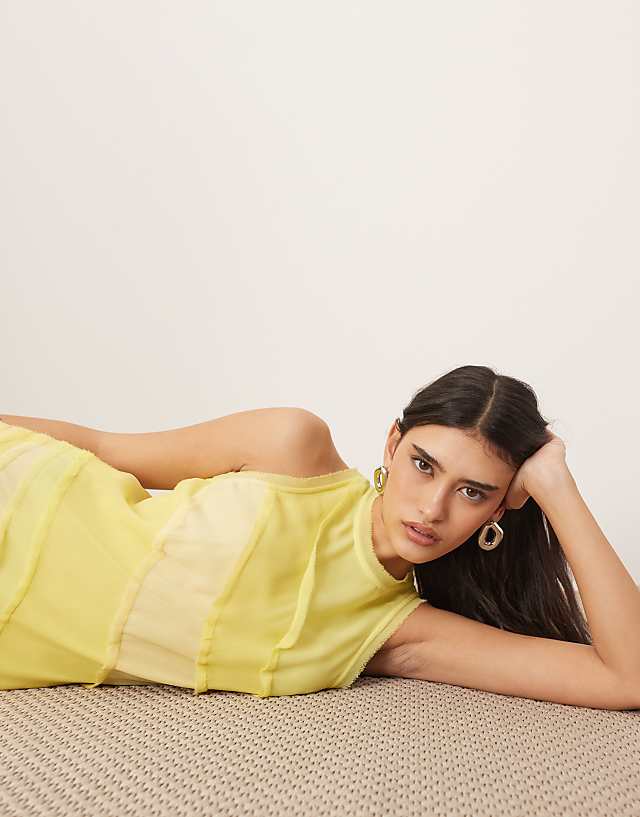 Asos ARRANGE Racer Neck Raw Edge Panelled Maxi Dress In Yellow