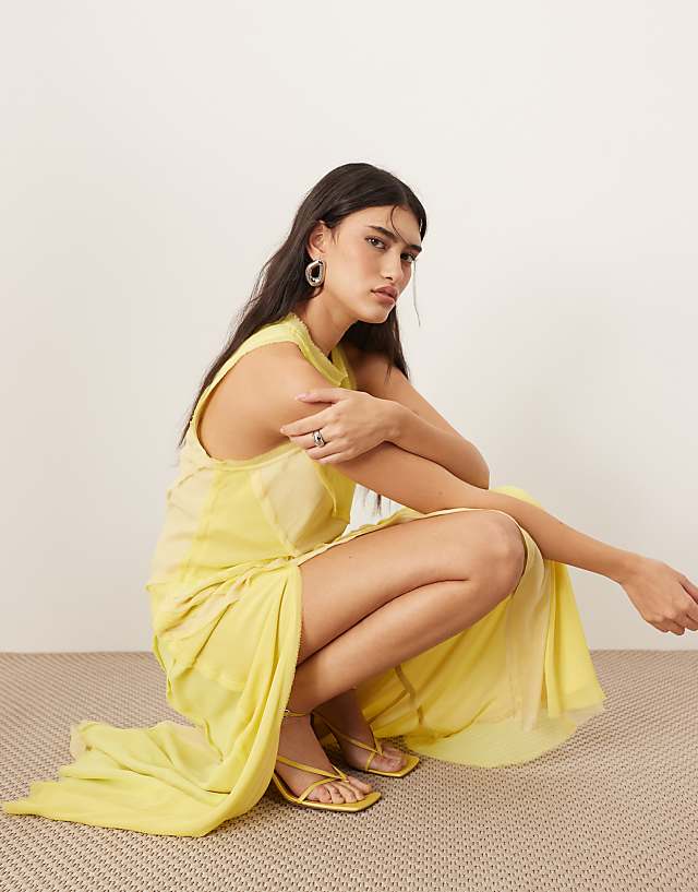 Asos ARRANGE Racer Neck Raw Edge Panelled Maxi Dress In Yellow