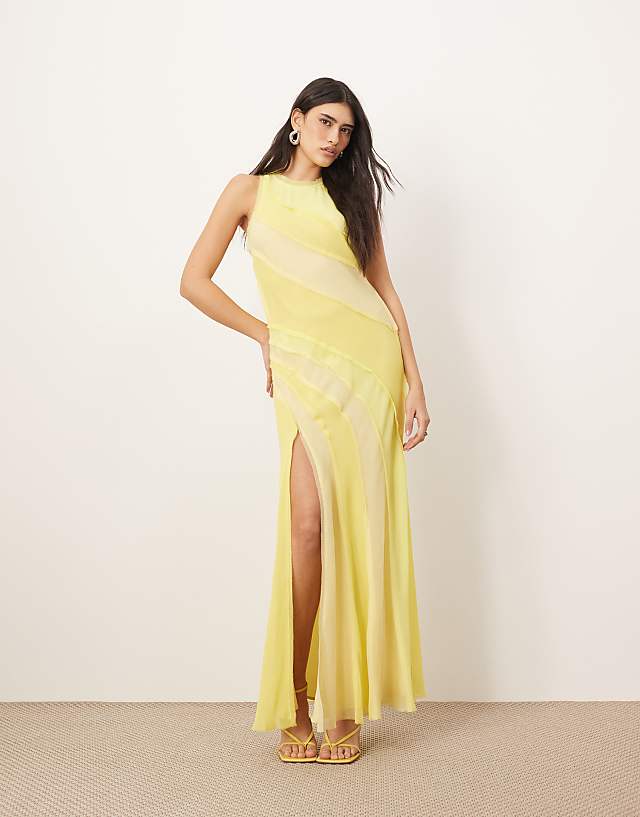 asos ARRANGE racer neck raw edge panelled maxi dress in yellow