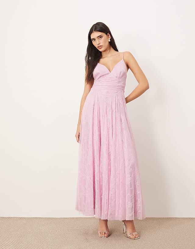 Asos ARRANGE Ruched Waist Maxi Dress In Lace In Sugar Pink