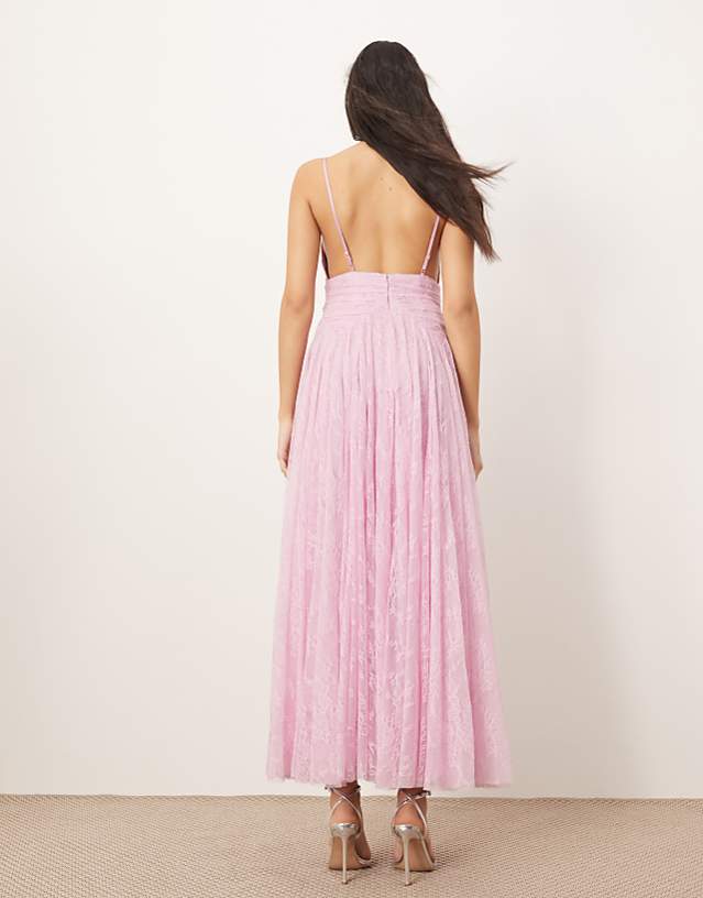 Asos ARRANGE Ruched Waist Maxi Dress In Lace In Sugar Pink