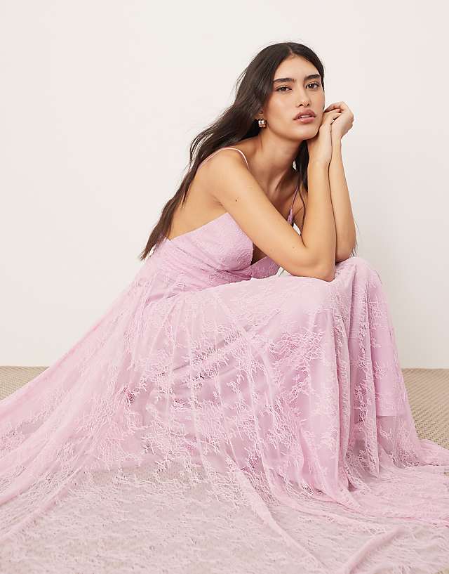 asos ARRANGE ruched waist maxi dress in lace in sugar pink