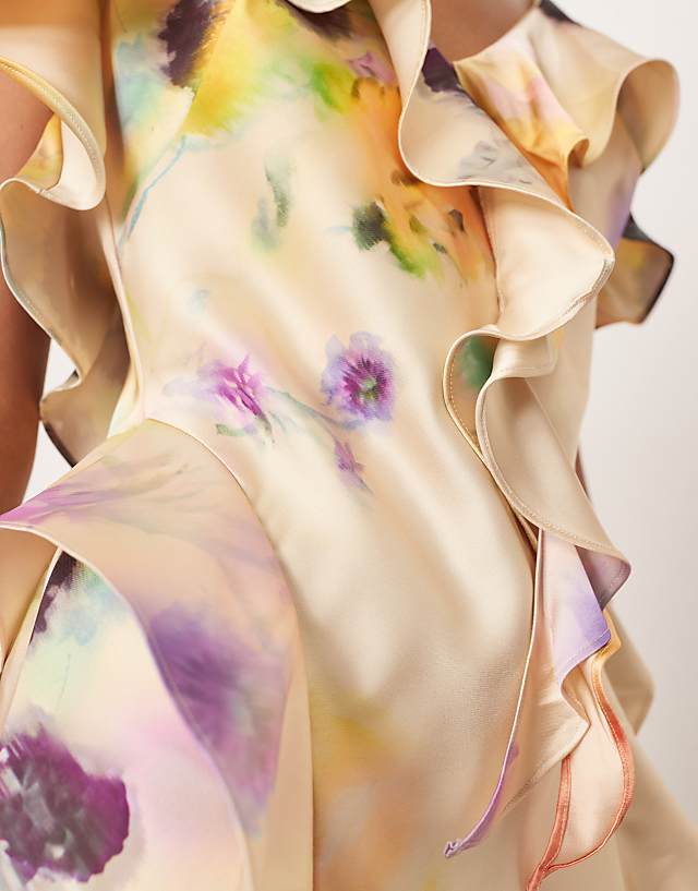Asos ARRANGE Ruffle Maxi Slip Dress With Bias Skirt In Blurred Floral