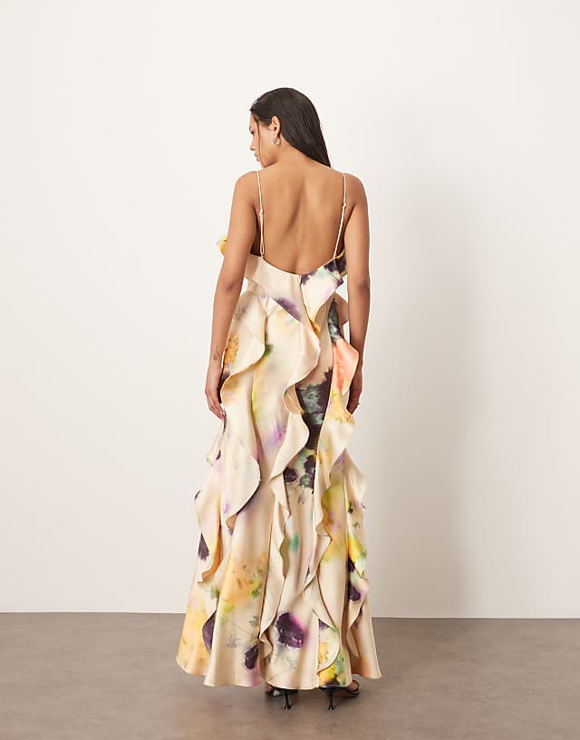 Asos ARRANGE Ruffle Maxi Slip Dress With Bias Skirt In Blurred Floral