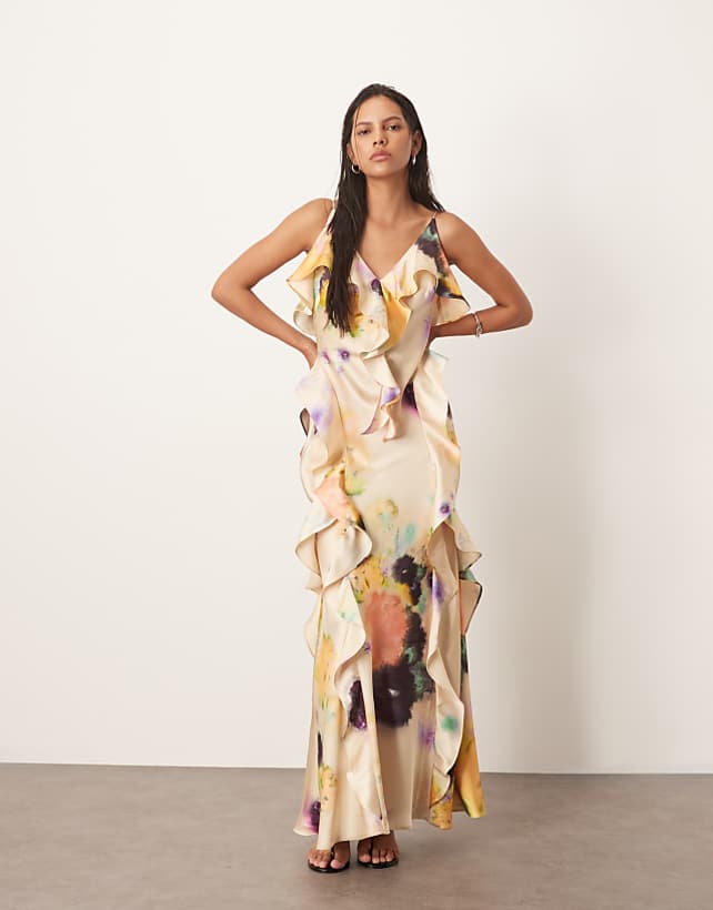 asos ARRANGE ruffle maxi slip dress with bias skirt in blurred floral