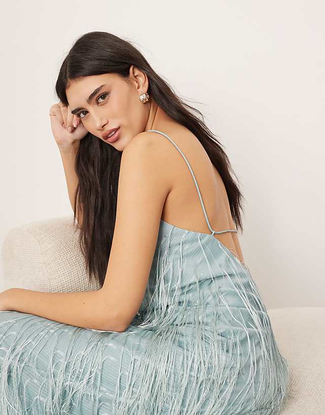 Asos ARRANGE Satin Fringe Bias Maxi Dress In Light Blue