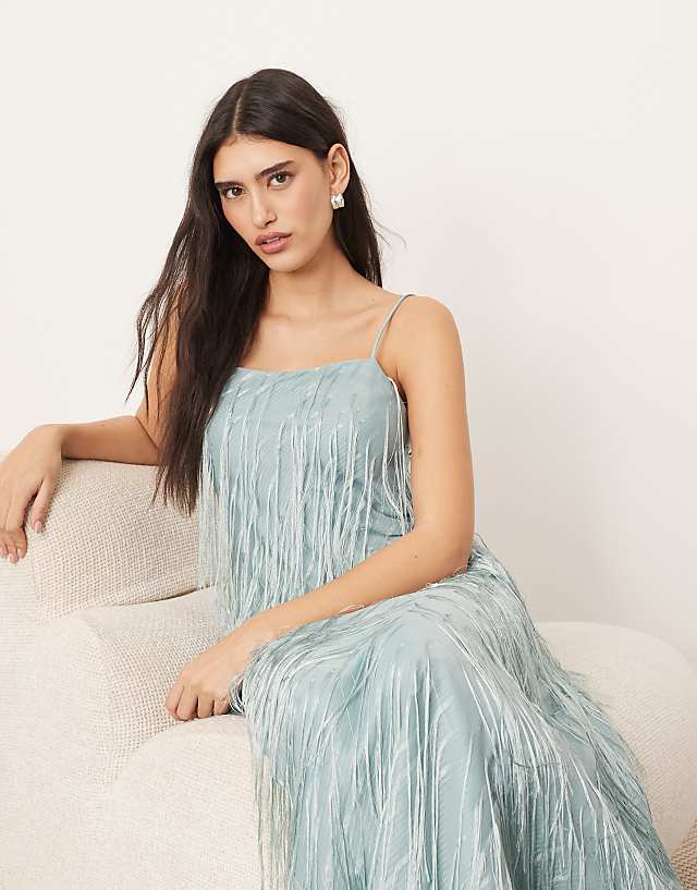 Asos ARRANGE Satin Fringe Bias Maxi Dress In Light Blue
