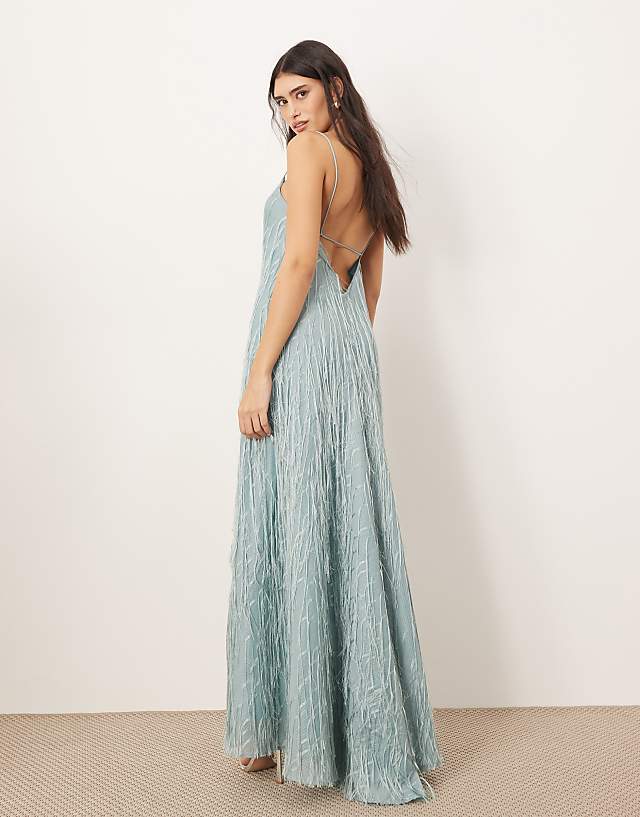 Asos ARRANGE Satin Fringe Bias Maxi Dress In Light Blue