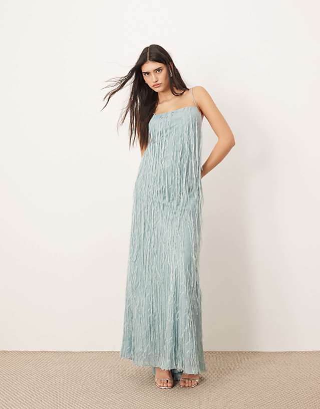 asos ARRANGE satin fringe bias maxi dress in light blue