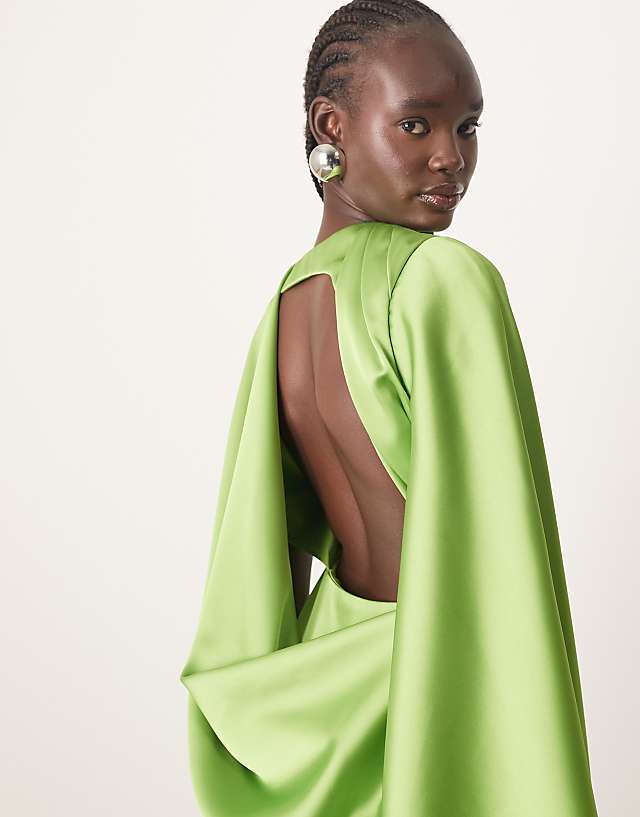 Asos ARRANGE Satin Ultimate Draped Shoulder Maxi Dress With Back Detail In Bright Green