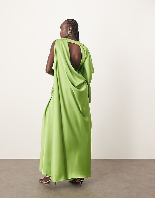Asos ARRANGE Satin Ultimate Draped Shoulder Maxi Dress With Back Detail In Bright Green