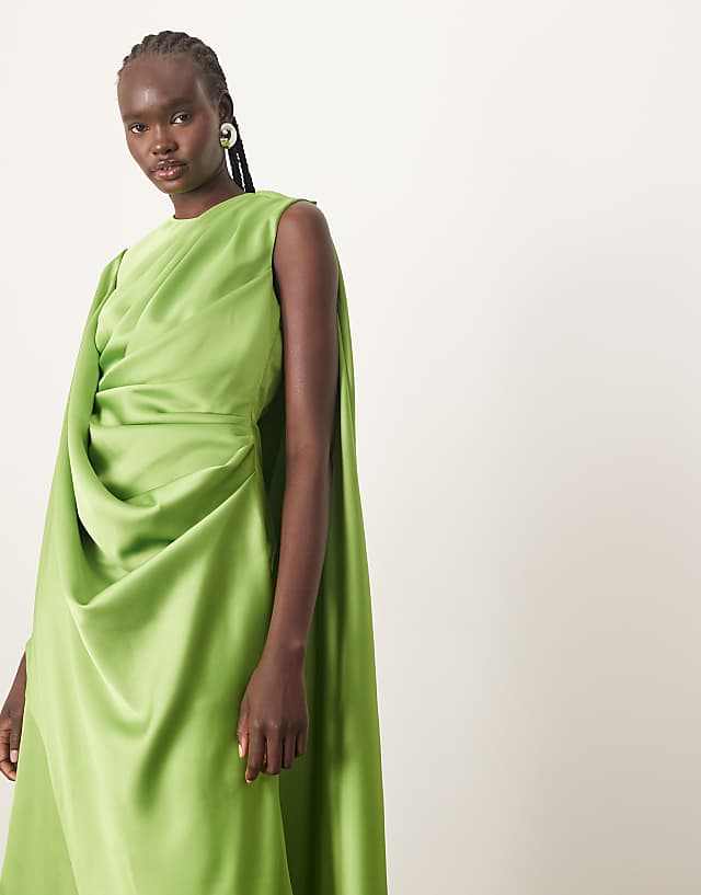 Asos ARRANGE Satin Ultimate Draped Shoulder Maxi Dress With Back Detail In Bright Green
