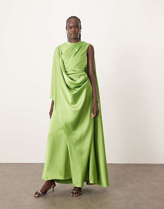 asos ARRANGE satin ultimate draped shoulder maxi dress with back detail in bright green