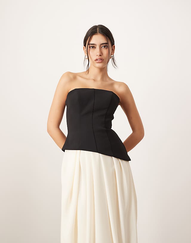 Asos ARRANGE Sculpted Bandeau With Drape Tulip Skirt Midi Dress In Contrast Mono