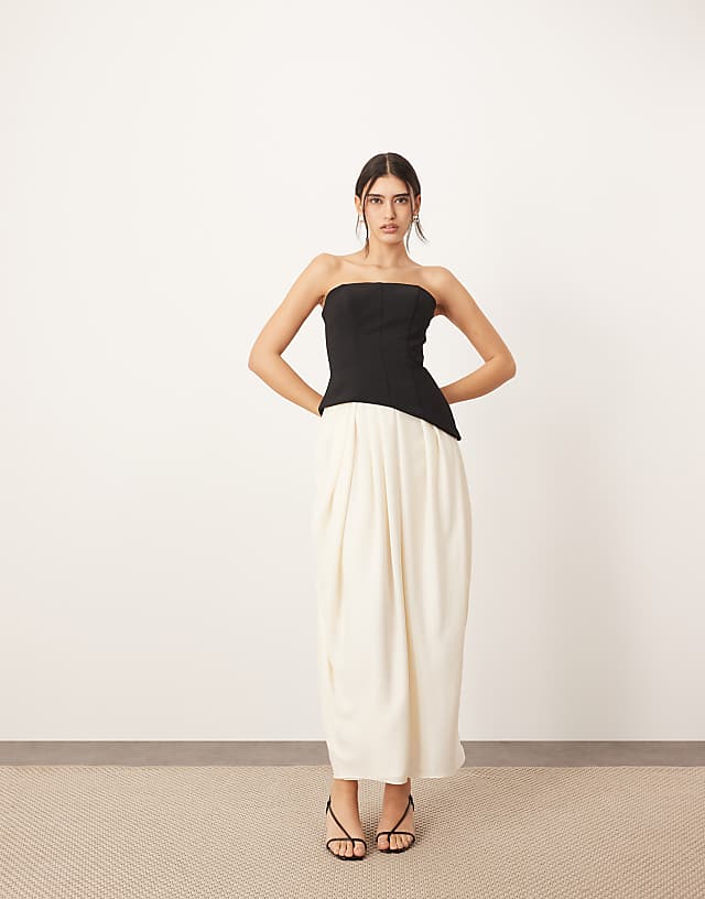 asos ARRANGE sculpted bandeau with drape tulip skirt midi dress in contrast mono