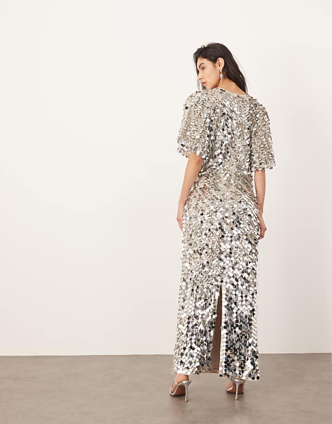 Asos ARRANGE Sequin And Fringe Strong Shoulder Midi Dress In Silver