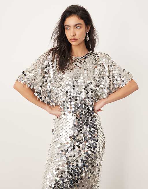 Asos ARRANGE Sequin And Fringe Strong Shoulder Midi Dress In Silver