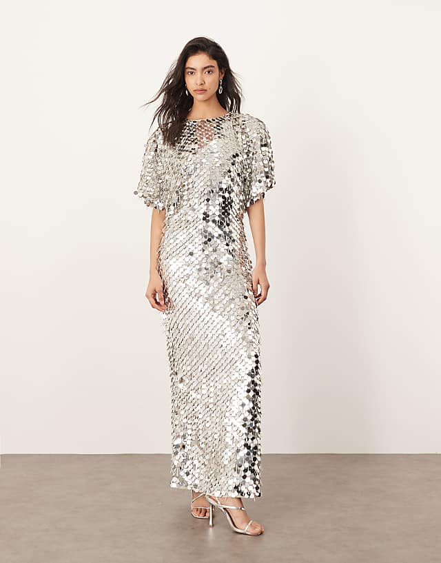 asos ARRANGE sequin and fringe strong shoulder midi dress in silver