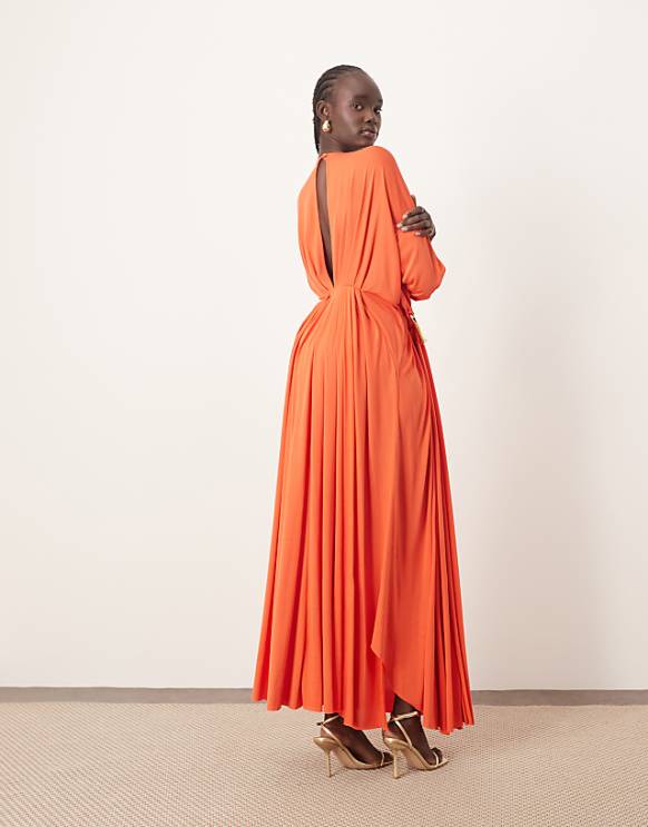 Asos ARRANGE Soft Pleat Maxi Dress With Hardware Detail In Red