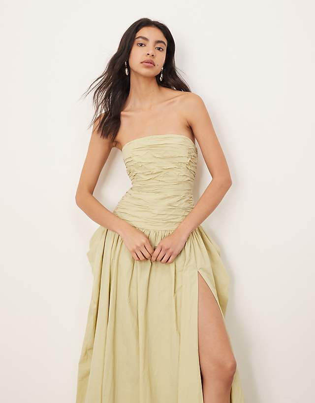 Asos ARRANGE Square Cut Bandeau Midi Dress In Light Olive