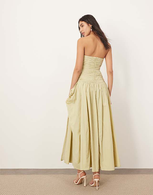 Asos ARRANGE Square Cut Bandeau Midi Dress In Light Olive