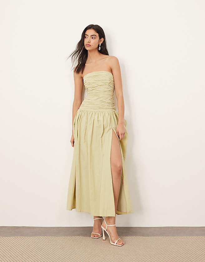 asos ARRANGE square cut bandeau midi dress in light olive