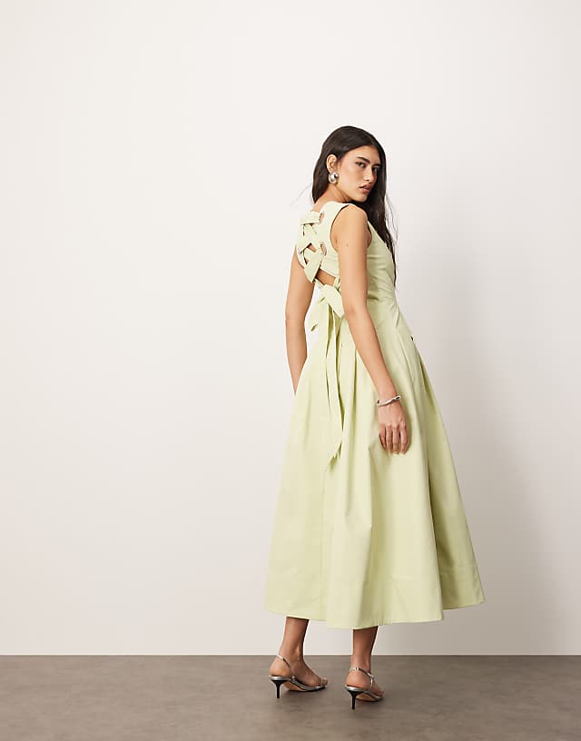 Asos ARRANGE Structured Plunge Midi Dress With Eyelet Detail In Pistachio Green