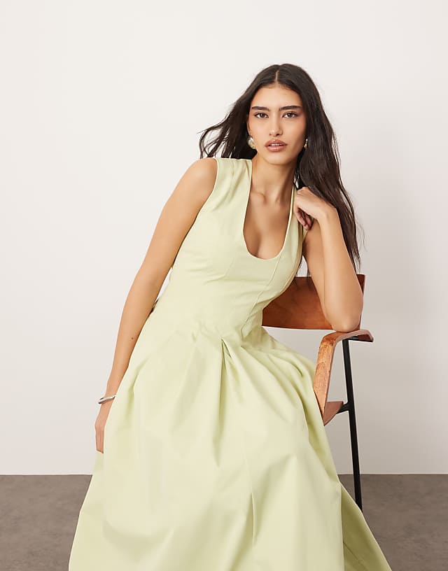 Asos ARRANGE Structured Plunge Midi Dress With Eyelet Detail In Pistachio Green