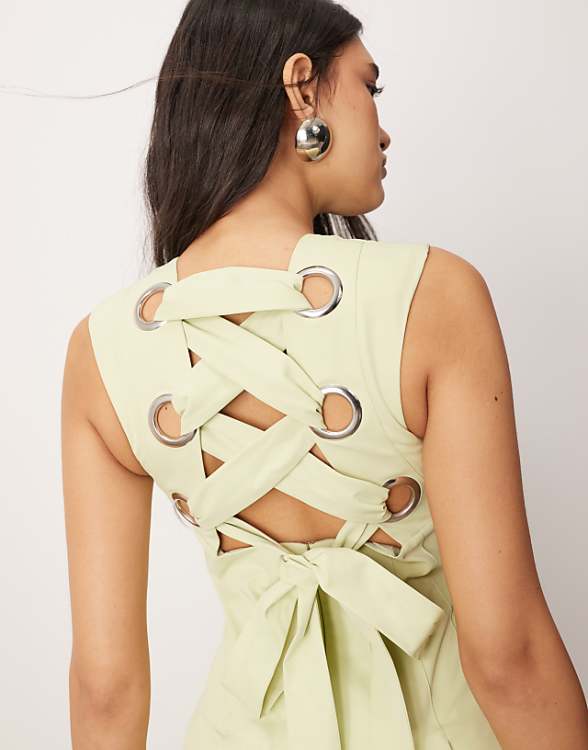 Asos ARRANGE Structured Plunge Midi Dress With Eyelet Detail In Pistachio Green