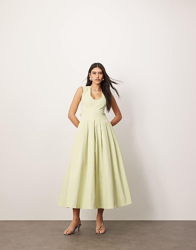 asos ARRANGE structured plunge midi dress with eyelet detail in pistachio green