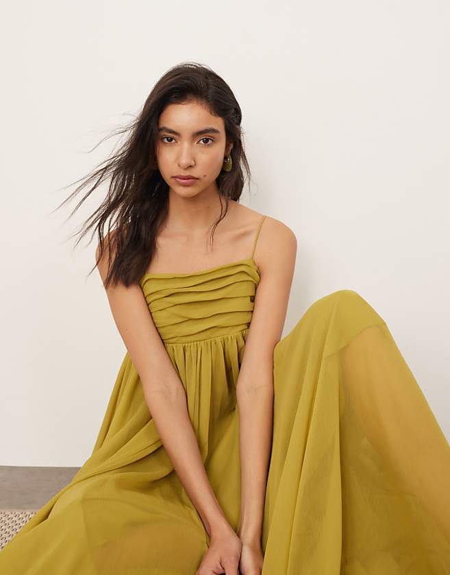 Asos ARRANGE Super Full Trapeze Cami Godet Maxi Dress In Chartreuse