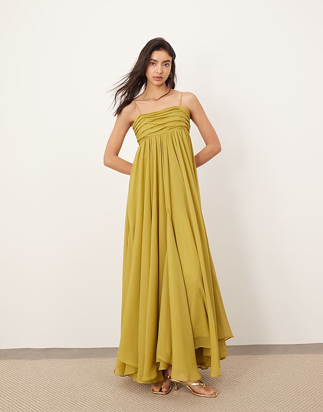 asos ARRANGE super full trapeze cami godet maxi dress in chartreuse