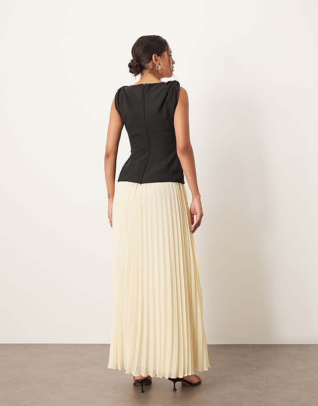 Asos ARRANGE Twist Shoulder Pleat Skirt Hybrid Maxi Dress In Contrast Black And Buttermilk
