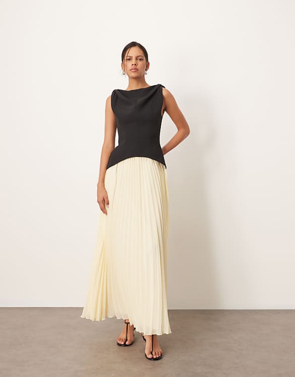 asos ARRANGE twist shoulder pleat skirt hybrid maxi dress in contrast black and buttermilk