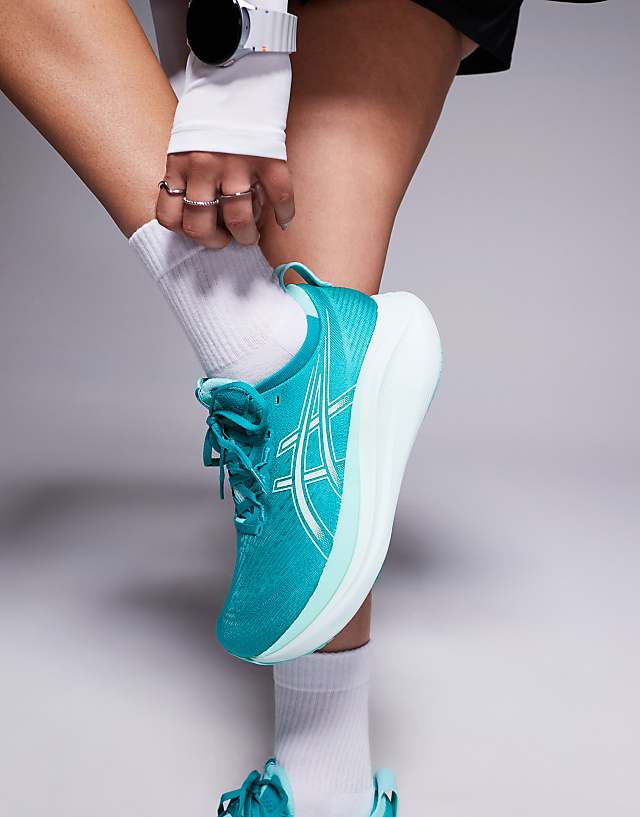 asos Asics Gel-Nimbus 27 running trainers in wave teal and illuminate mint