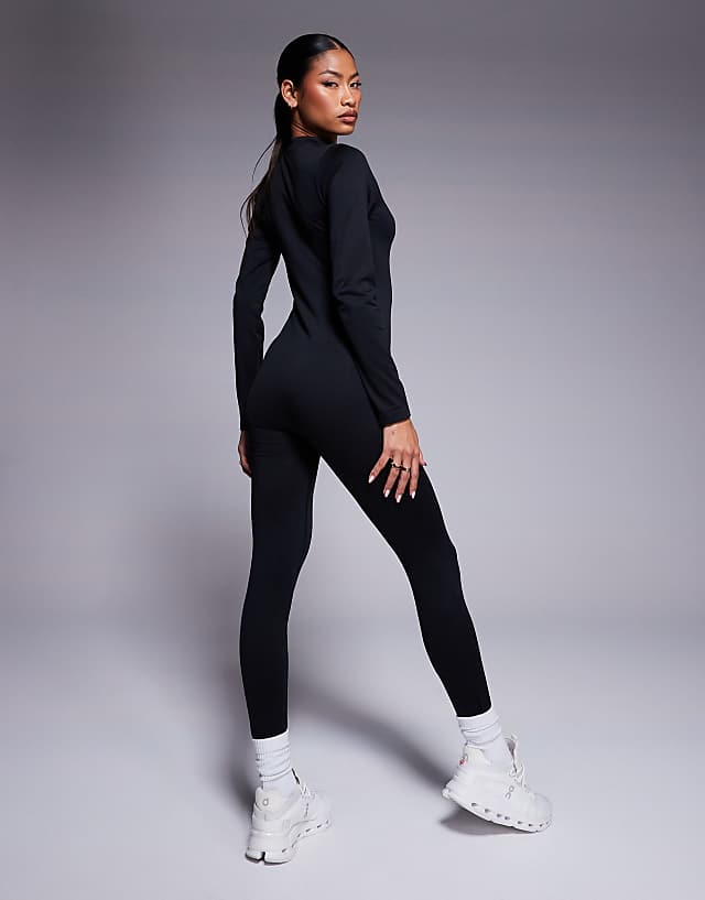 Asos 4505 Seamless Zip Front All-in-one In Black