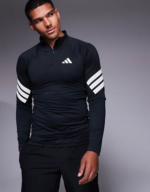asos adidas Training Gym+ 3 stripe 1/4 zip in black