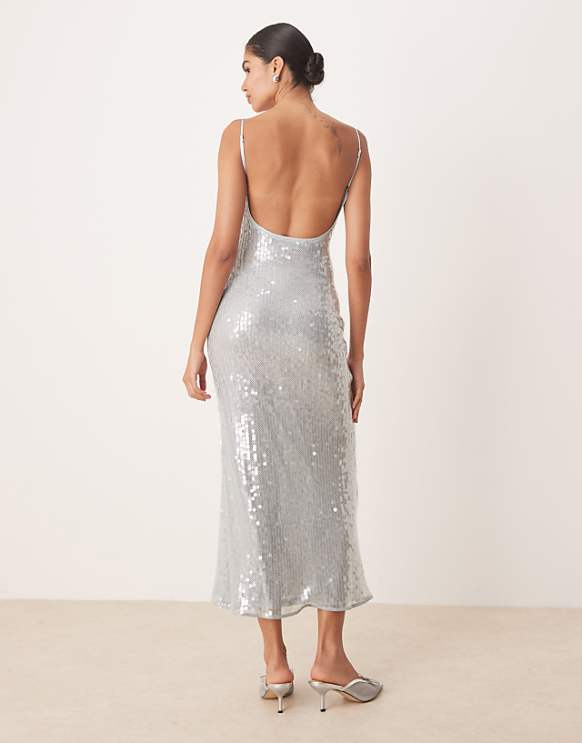 Asos Amy Lynn Scoop Neck Maxi Dress In Grey Sequin